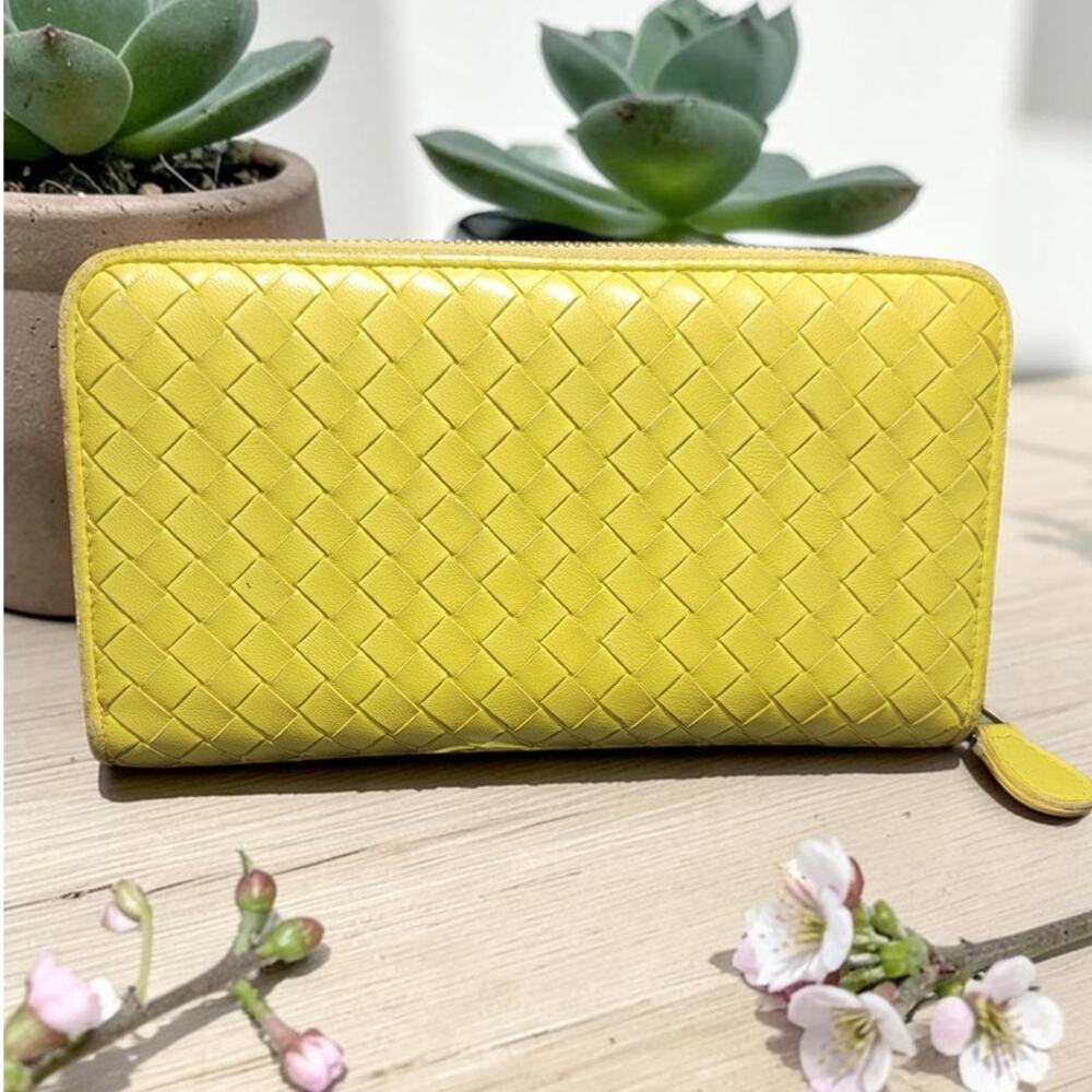 Bottega Veneta Yellow Intrecciato Leather Zip Around Wallet